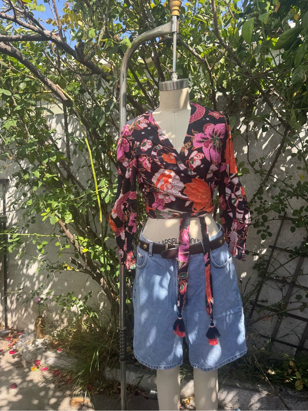 Floral Wrap Crop Top in Black with Pink & Orange Blooms